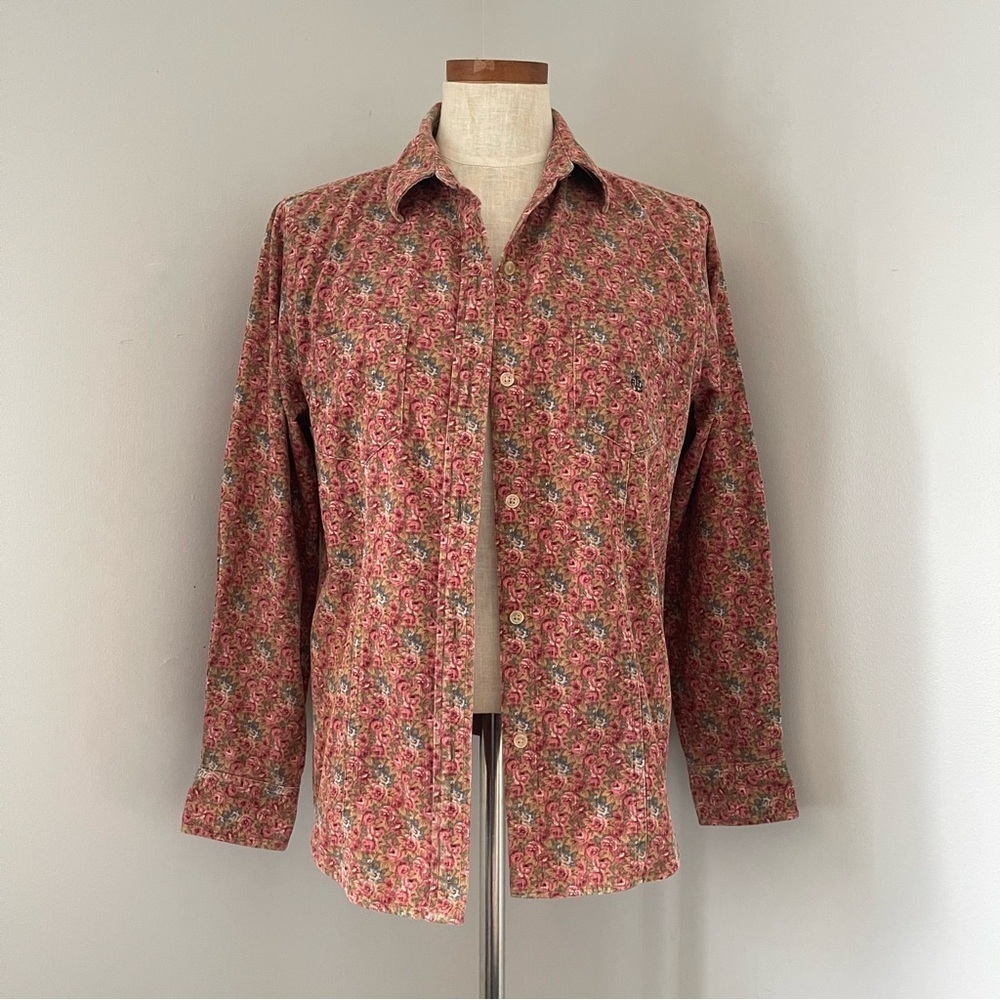 90’s Vintage Lauren RL Rose print corduroy button down shirt Medium preowned